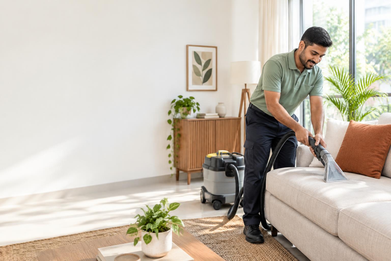 A professional carefully cleaning a sofa in a bright family home